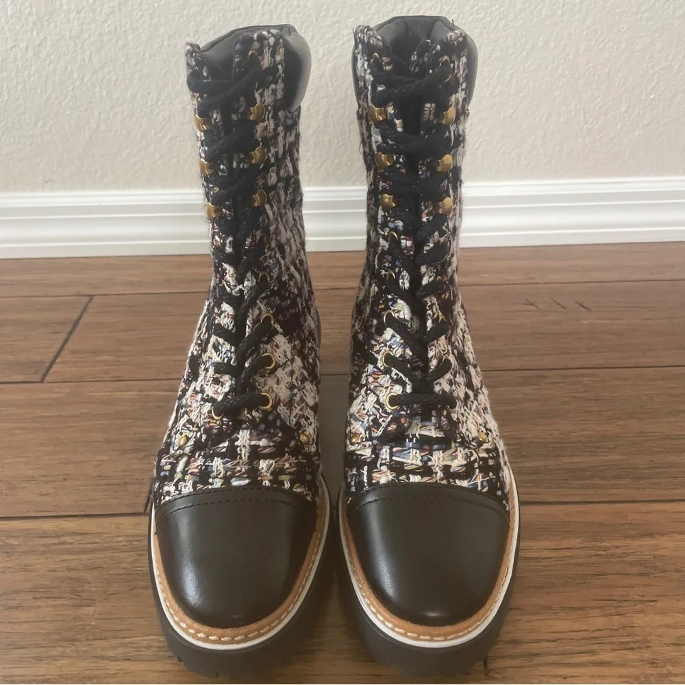 Tory Burch tweed combat boots fall boots winter boots lace up boots black bootie